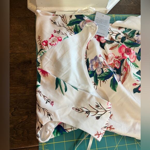 NWT Eliza J Floral Cream Pink Green Ruffled Asymmetric-Hem Sheath Dress 0 - Picture 8 of 16